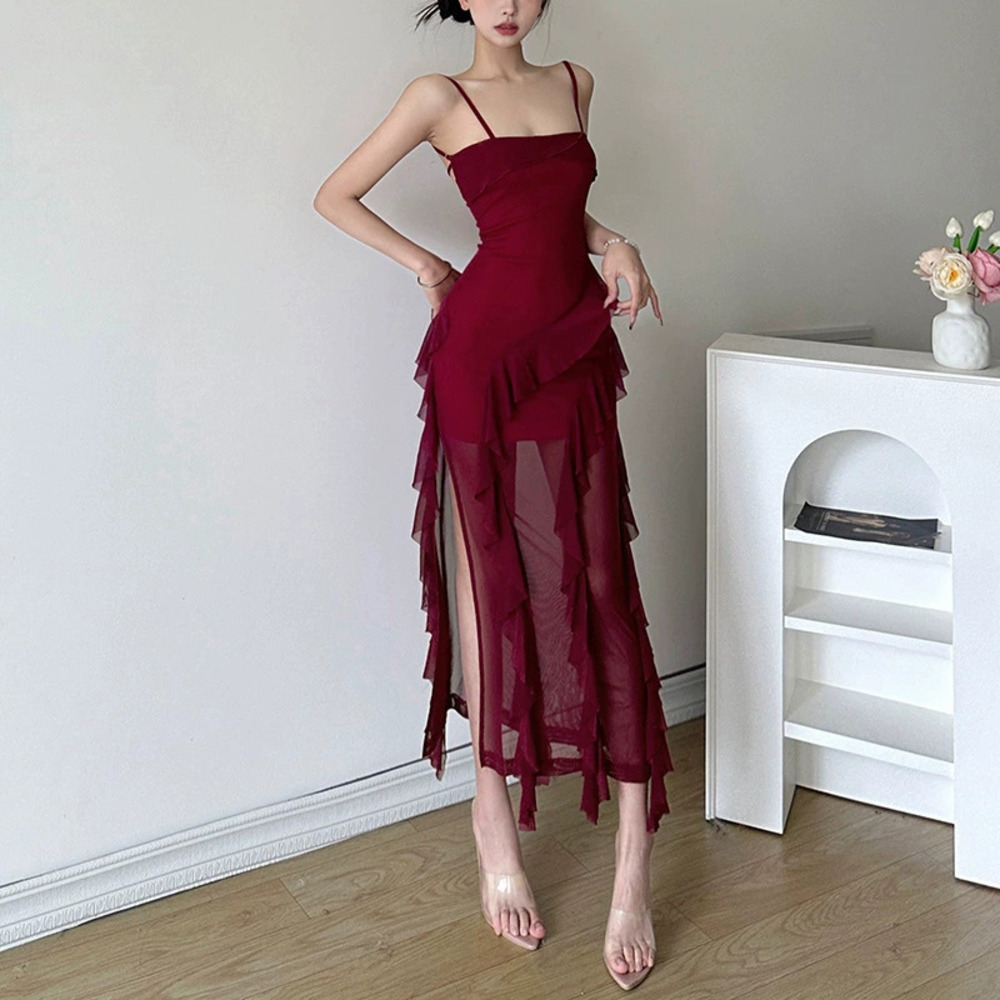 H&M Womens Summer Chic Sexy Ruffle Trim Split Dress